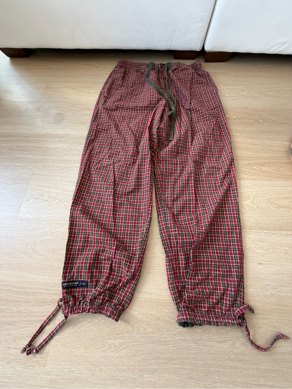 Abercrombie & Fitch Red and Green Plaid Drawstring Hem Pants